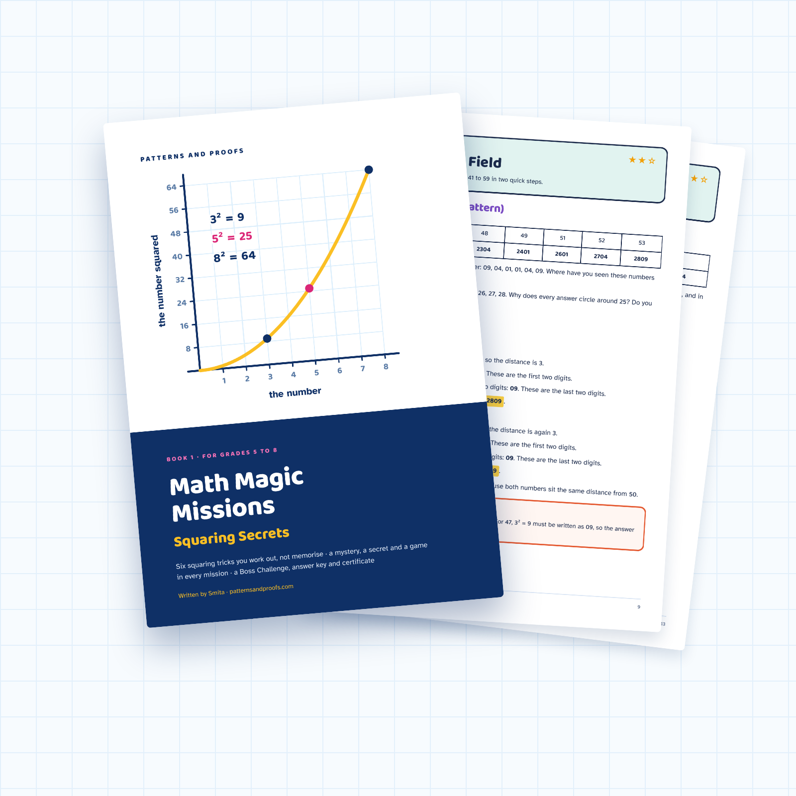 Math Magic Missions Book 1: Squaring Secrets cover with two inside pages