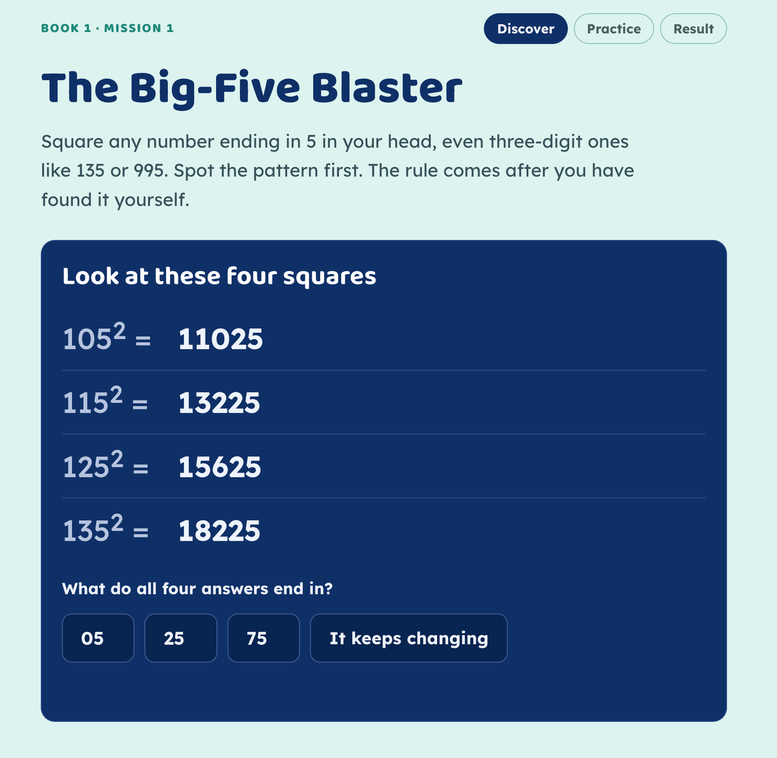 Screenshot of the online Big-Five Blaster mission showing four squares of numbers ending in 5 and the question "What do all four answers end in?"