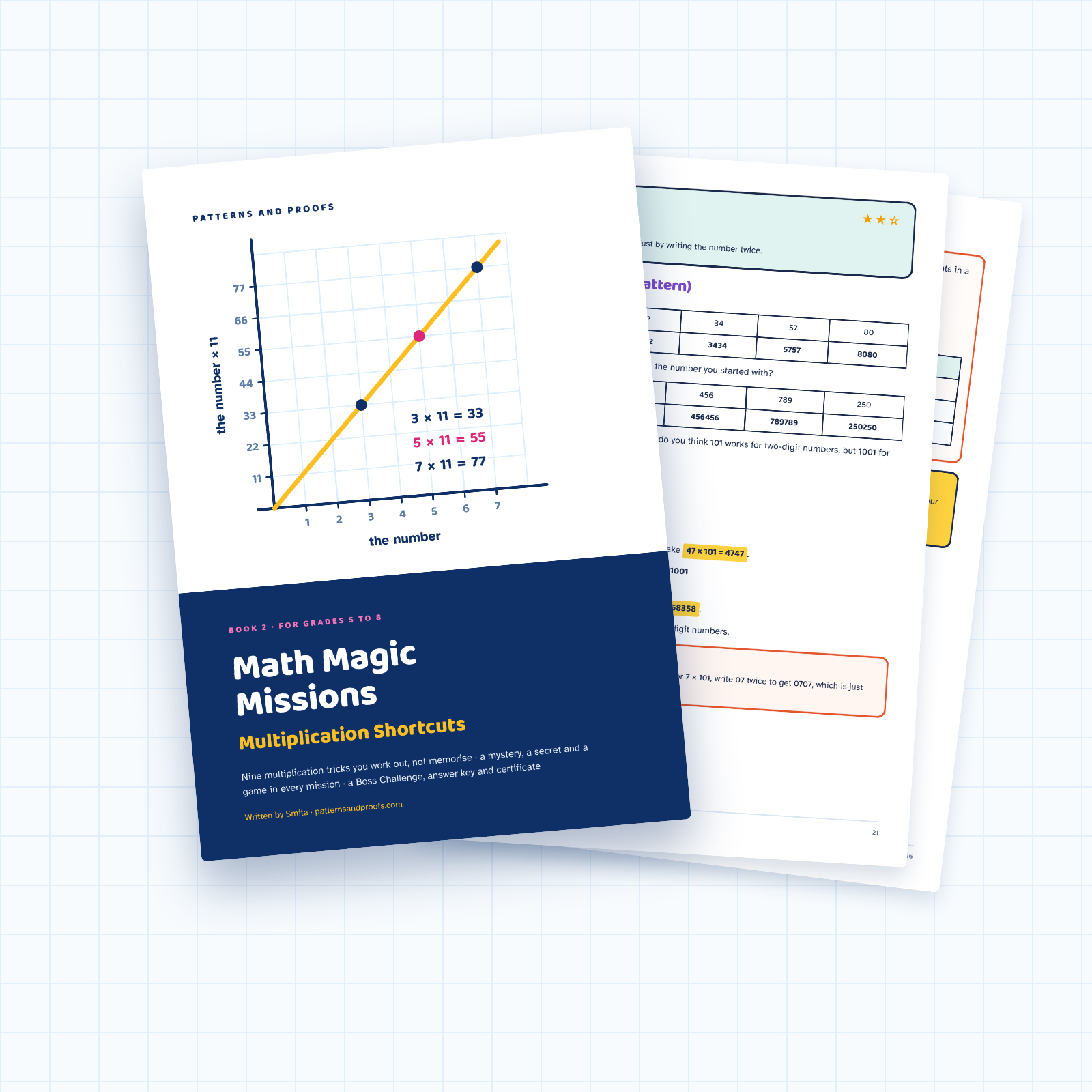 Math Magic Missions Book 2: Multiplication Shortcuts cover with two inside pages